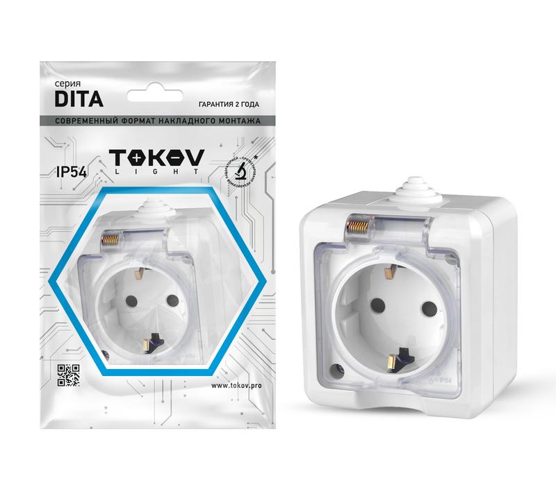 Розетка 1-м ОП Dita 16А IP54 250В с заземл. с прозр. крышкой бел. TOKOV ELECTRIC TKL-DT-R1Z-C01T-IP54